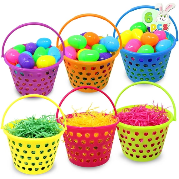 Joyfy 6 pcs 8" Easter Egg Baskets for Kids with Handle and 55g Tricolors Easter Grass for Party Favors Basket Fillers Stuffers, Easter Eggs Hunt