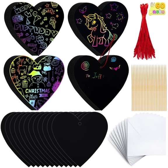 Joyfy 60 Packs Valentines Arts and Crafts for Kids, Class DIY Rainbow Heart Scratch-Off Paper Cards for School, Valentines Exchange Gifts, Party Favor