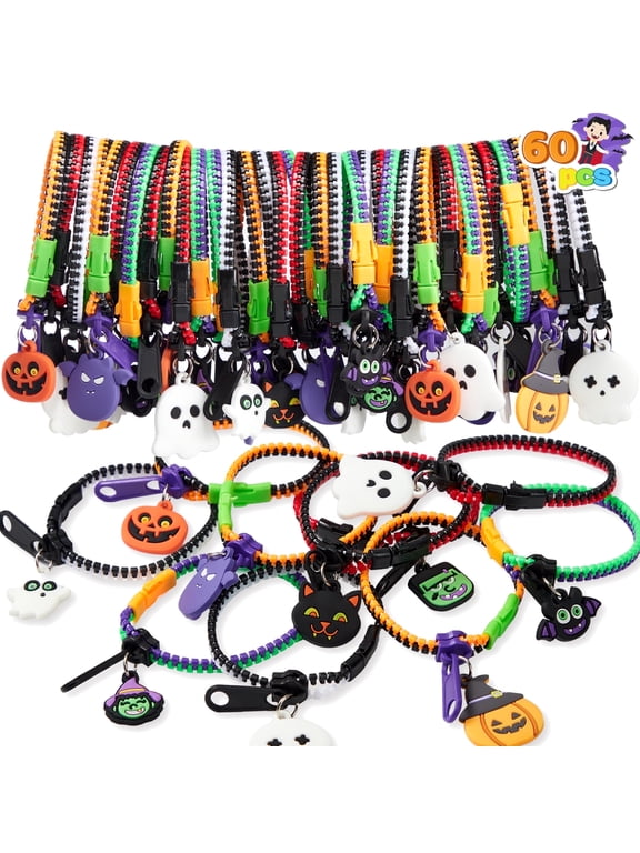 60 Pcs Halloween Zipper Bracelets Toys,Halloween Zipper Wristbands Toys Bulk for Party Favors,Halloween Goody Bag Fillers,Halloween Stretchy Toys for Classroom Prizes