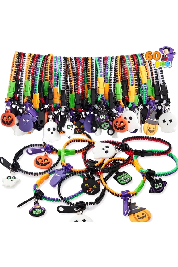 60 Pcs Halloween Zipper Bracelets Toys,Halloween Zipper Wristbands Toys Bulk for Party Favors,Halloween Goody Bag Fillers,Halloween Stretchy Toys for Classroom Prizes