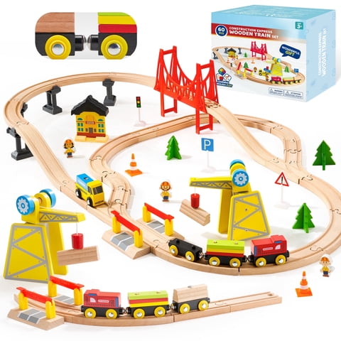 Joyfy 60 Pcs Kids Train Toys with Wooden Tracks & 6 Magnetic Trains, Expandable & Changeable Train Set for Toddlers & 3 to 8 Years Old Boys Girls, Gifts for Birthday Christmas