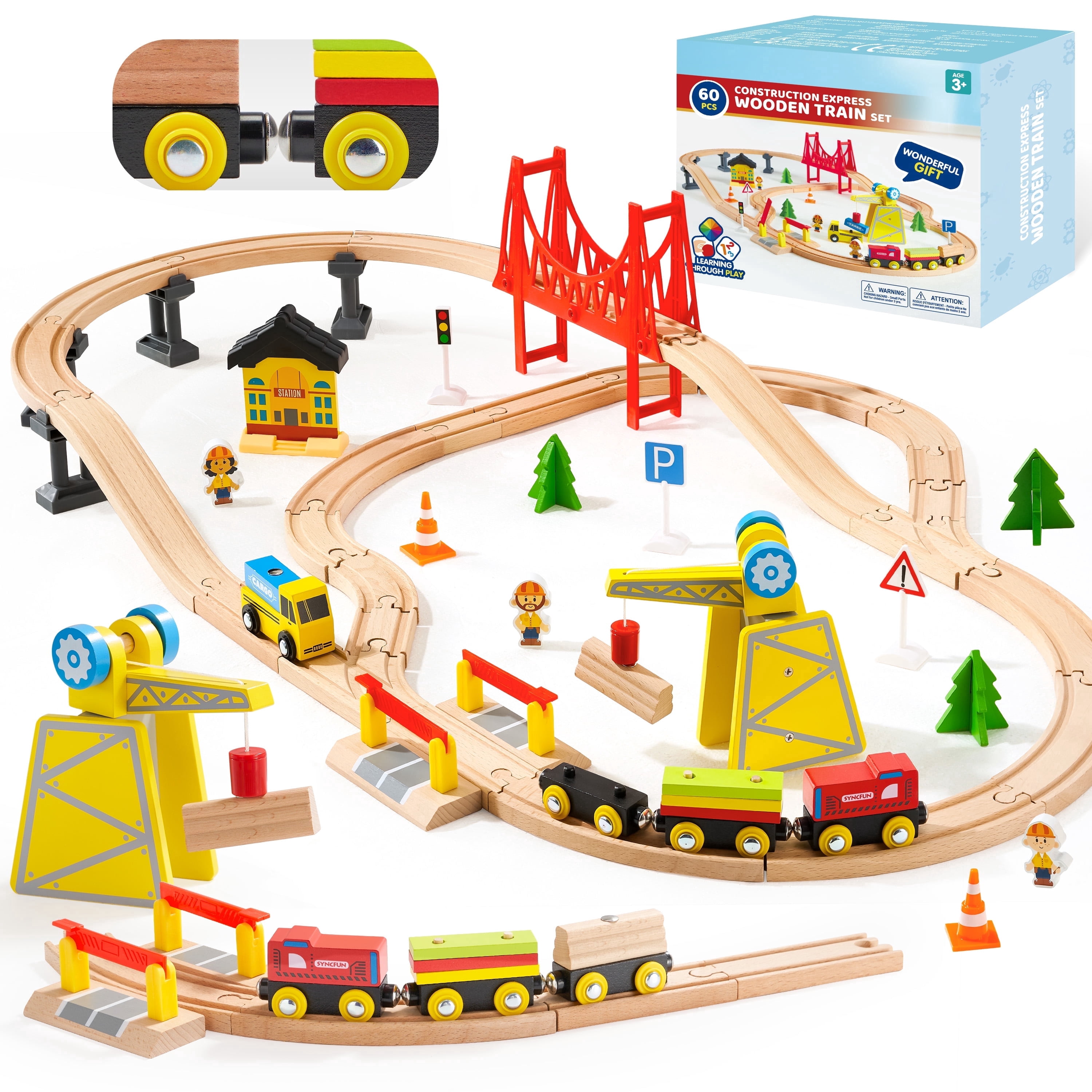 Joyfy 60 Pcs Kids Train Toys with Wooden Tracks & 6 Magnetic