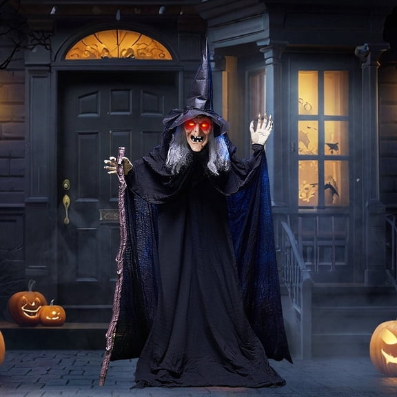 Joyfy 72" (6ft) Halloween Decorations Outdoor, Animatronics Witch with Cane, Sound-Activated with Creepy Sound, Light-up Eyes and Motion, Life Size Animated Ghost Haunted House Prop