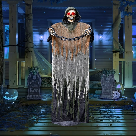 Joyfy 67 Inch Halloween Hanging Ghosts,Scary Lighted Eyes Animated Grim Reapers with Chain Decorations for Halloween Hanging Decorations Indoor Outdoor Yard Home Decorations