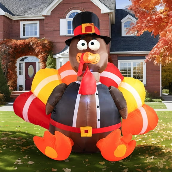 Joyfy 6FT Thanksgiving Inflatable Turkey with Pilgrim Hat and LED , Perfect for Thanksgiving Yard Inflatable Decorations