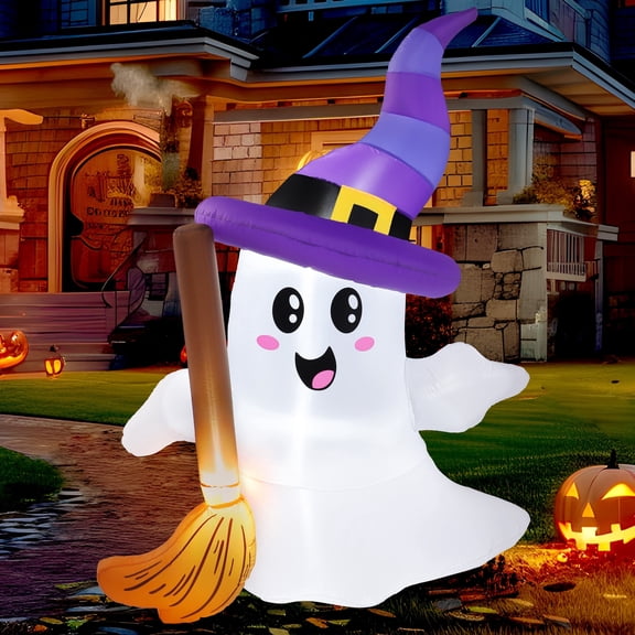 Joyfy 6ft Halloween Inflatables Light up Cute Ghosts with Witch Hat,Halloween Decorations Outdoor,Blow up Halloween Yard Decorations