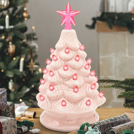 Joyfy 7 Inch Pink Ceramic Christmas Tree,Prelit Ceramic Christmas Tree with Lights and Top Star,Table Top Christmas Tree Decorations,Holiday Tree