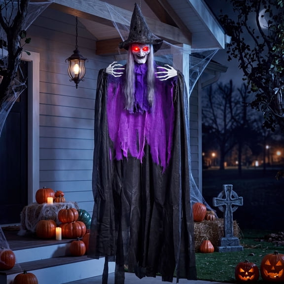Joyfy 72 Inch Life-Size Hanging Witch Halloween Decorations Outdoor,Flying Witch Sound Activated with Light-Up Eyes,Spooky Halloween Decor for Front Door,Porch,Garden & Haunted House