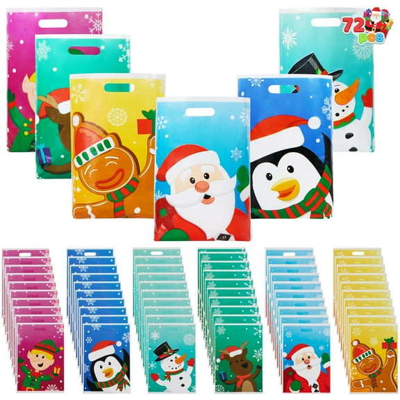 Joyfy 72 Pcs Christmas Bags for Xmas Holiday Goody Gift, 11" x 16"Christmas Snacks Plastic Shopping Bags with Handles for Present Wrapping, Festive Party Favor, Party Decoration Supplies
