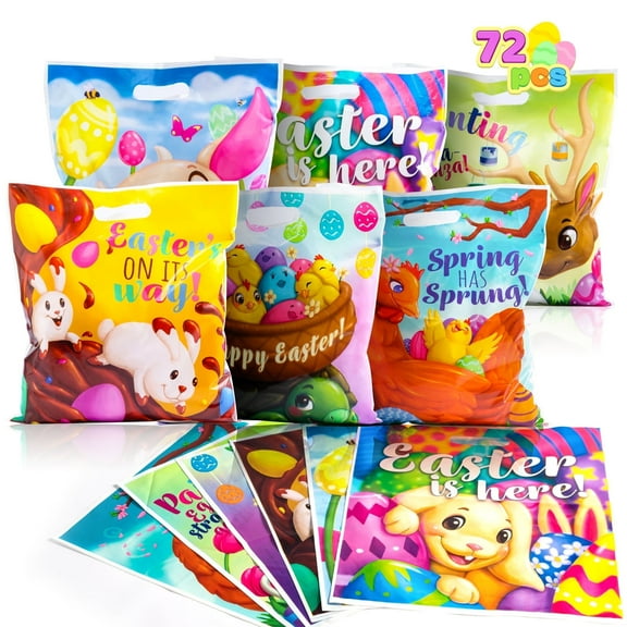 Joyfy 72 Pcs Easter Gift Bags for Kids, Large Easter PE Treat Bags, Easter Candy Goodie Bags Plastic Bags Bulk for Easter Egg Hunt Party Favor