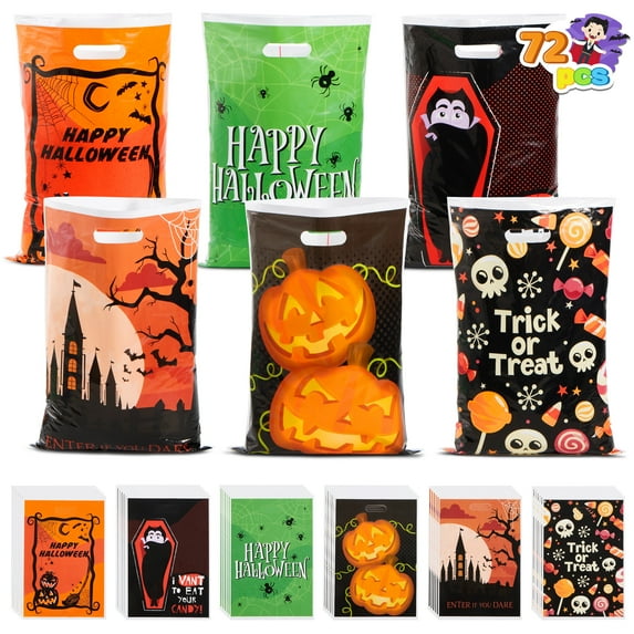 Joyfy 72 Pcs Halloween Treat Bags Goodie Bags Plastic Halloween Candy Bags Trick or Treat Creepy Designs Halloween Bags for Kids Trick or Treat,Classroom Goody Bags