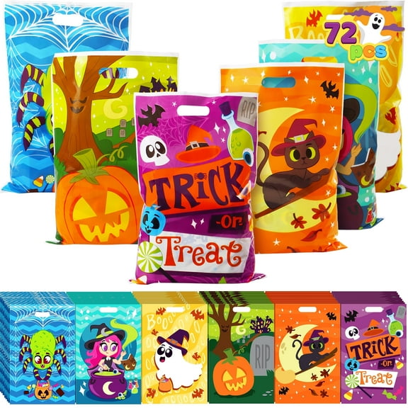 Joyfy 72 Pcs Halloween Treat Bags Goodie Bags Plastic Halloween Candy Bags Trick or Treat Creepy Designs Halloween Bags for Kids Trick or Treat,Classroom Goody Bags
