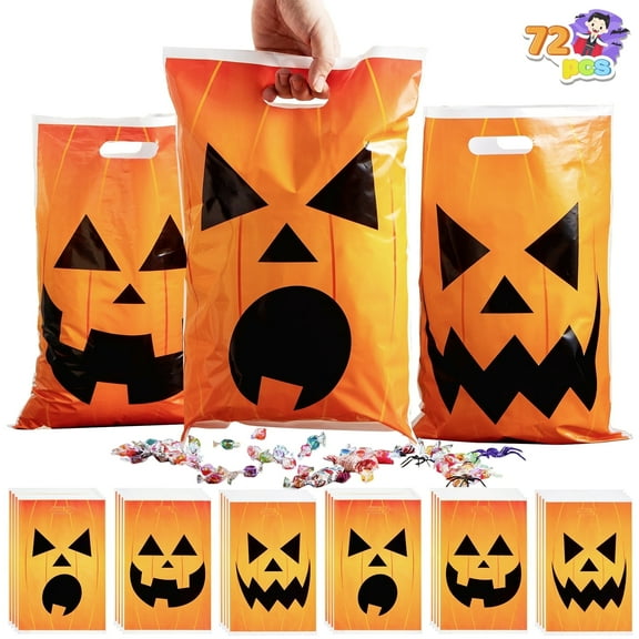 Joyfy 72 Pcs Halloween Trick or Treat Bags Large Halloween Treat Bags for Kids,Halloween Plastics Pumpkins Bags Orange Treat Bags Gift Bags