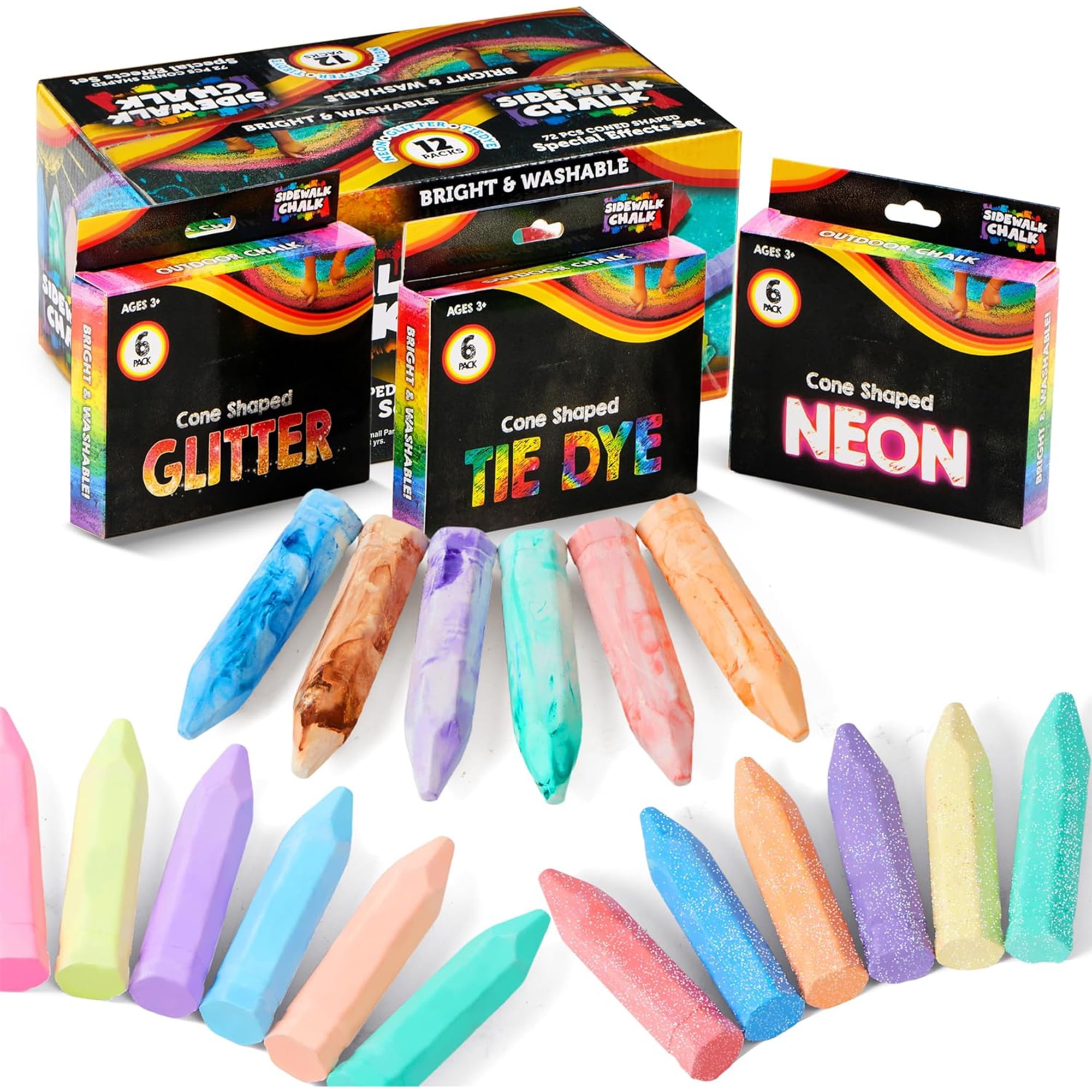Joyfy 72 Pcs Sidewalk Chalk Set in 12 Packs, Tie Dye, Glitter & Neon Chalks with 18 Assorted Colors, School Supplies, Classroom Must Haves, Gift for Kids