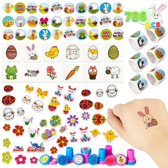 Joyfy Easter Crafts Kit for Kids with 500 Stickers, 144 Temporary Tattoos, 32 Adhesives and 10 Stampers (over 600pcs) for Kids Class Exchange, Easter Party Favors, Basket Stuffers Fillers