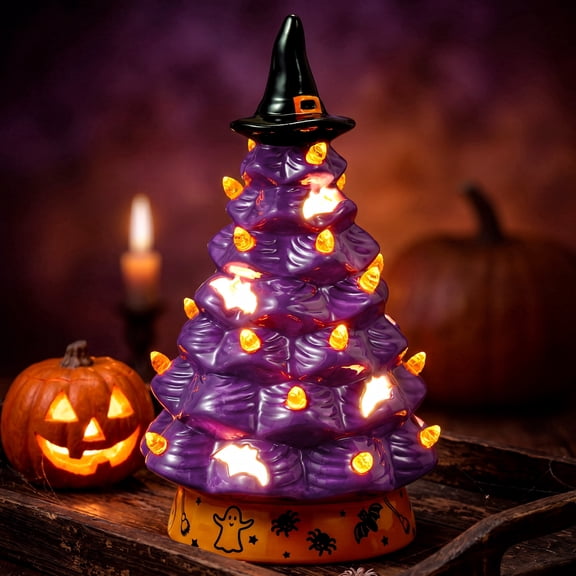 Joyfy 8.5 Inch Halloween Witch Hat Ceramic Tree Decorations, with Bat Cutout Design, LED Light Up Battery Operated, Halloween Decor for Indoor Tabletop Mantel Shelf Party Gifts