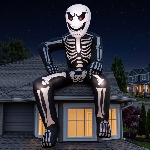 Joyfy 8.5 FT Halloween Inflatable Rooftop Skeleton with Built-in LED,Blow Up Skeleton Inflatable for Window Decoration Yard Garden Lawn Decor