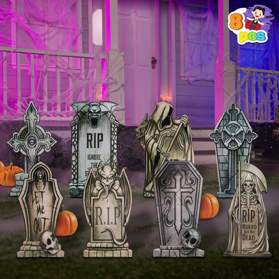 Joyfy 8 Pcs Halloween Tombstones Decorations,16.5" Halloween PVC RIP Graveyard Decorations and 16 Bonus Metal Stakes for Halloween Outdoor Yard Decorations