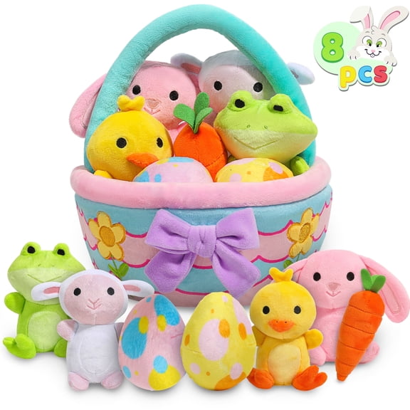 Joyfy 8 Pcs Premade Easter Basket with Easter Plushes for Baby Kids Girls, Easter Basket Stuffers Plushies Playset, Easter Gifts Set, Easter Toys Easter Party Favors, Easter Decor