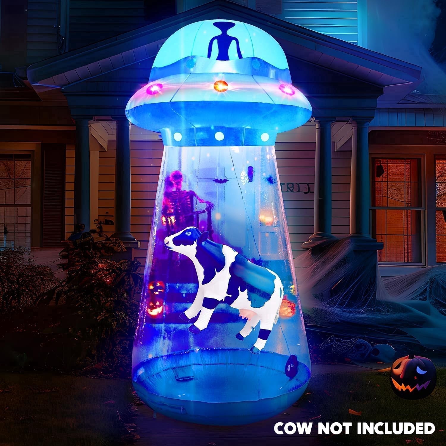Joyfy 9 FT Tall Halloween Inflatable UFO Decoration,Blow Up Blue Flat Rim UFO with Built-in Color Changing LEDs for Halloween Outdoor Yard Garden Lawn(Cow Not Included)