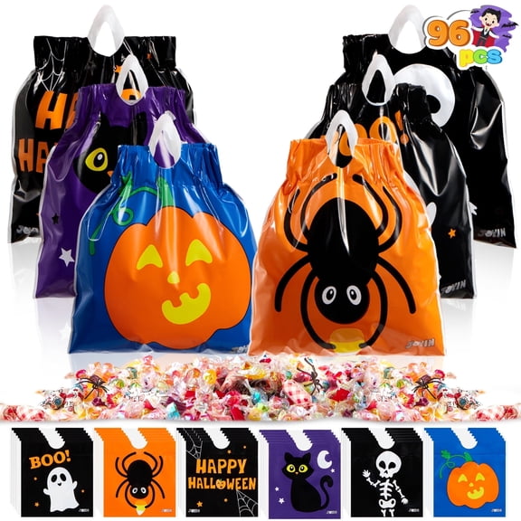 Joyfy 96 Pcs Halloween Treat Bags for Kids, Drawstring Candy Bags Goodie Bags, Exchange Classroom Gift bag for Halloween Party Favors Decorations Supplies