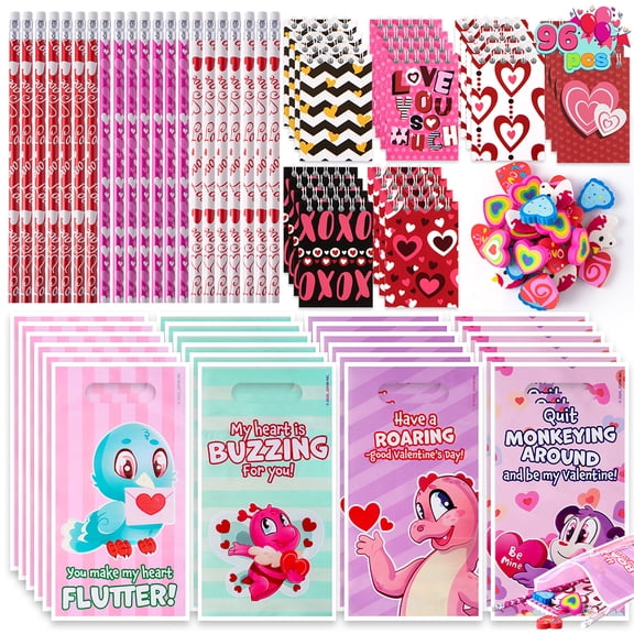 Joyfy 96 Pcs Valentines Gift Sets for Kids,Valentines Goodie Bag Stuffers,Assorted Stationery Set with Valentines Bags for Kids Classroom Exchange, Valentines Party Favors Treats
