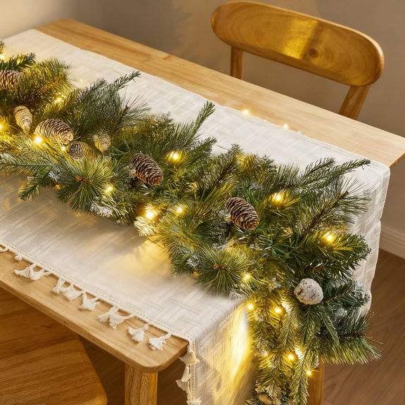 Joyfy 9FT Christmas Garland (Cone) Prelit with 50 Count Warm White String Lights, Pine Cones, Holly Berries for Home Dining Table Mantel Porch Winter Christmas Decor, Plug in Lighted Pine Garland