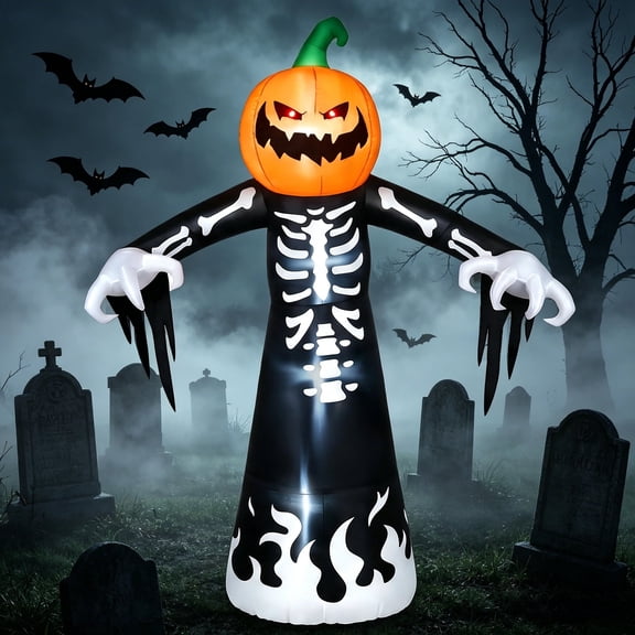 Joyfy 9 ft Halloween Inflatables Pumpkin Skeleton Decorations with Built-in LED Lights,Large Blow Up Decoration for Yard Lawn Garden Indoor Outdoor, Pumpkin Skeleton Inflatable Decoration