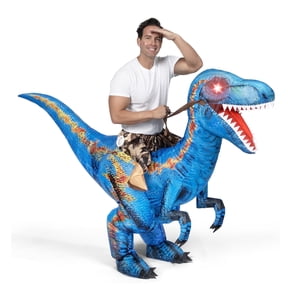 Joyfy Adults Inflatable Dinosaur Costume with LED Light Up Eyes, Blow Up Ride-On Blue Raptor Costume for Halloween Party, Cosplay and Themed Dress Up