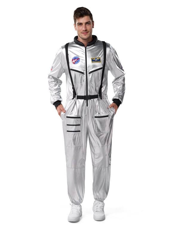 Adult Men Astronaut Costume Halloween Spaceman Costume Silver Space Suit Spaceman Jumpsuit Pilot Outfit for Halloween Party Cosplay