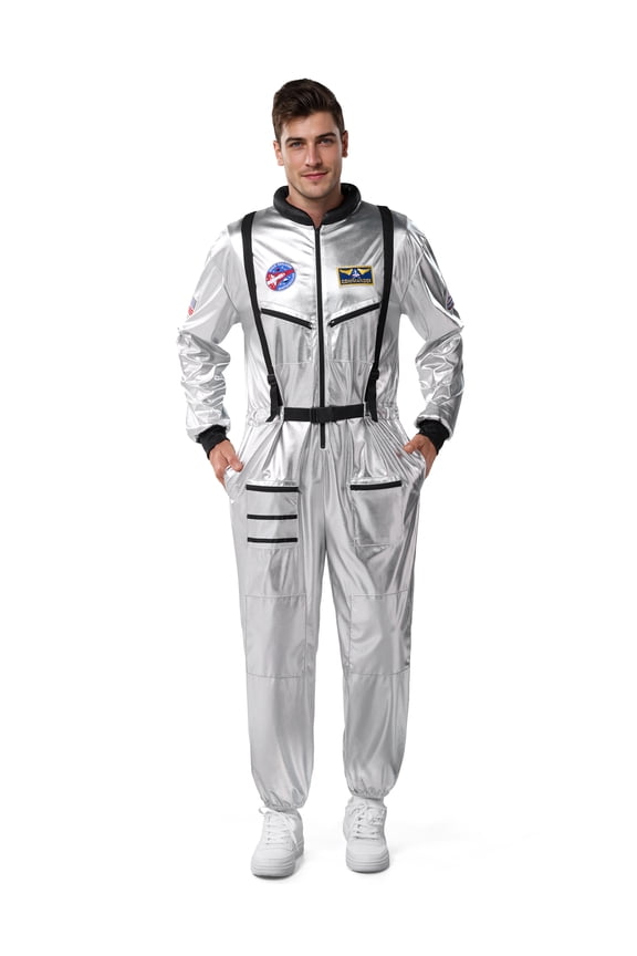 Adult Men Astronaut Costume Halloween Spaceman Costume Silver Space Suit Spaceman Jumpsuit Pilot Outfit for Halloween Party Cosplay