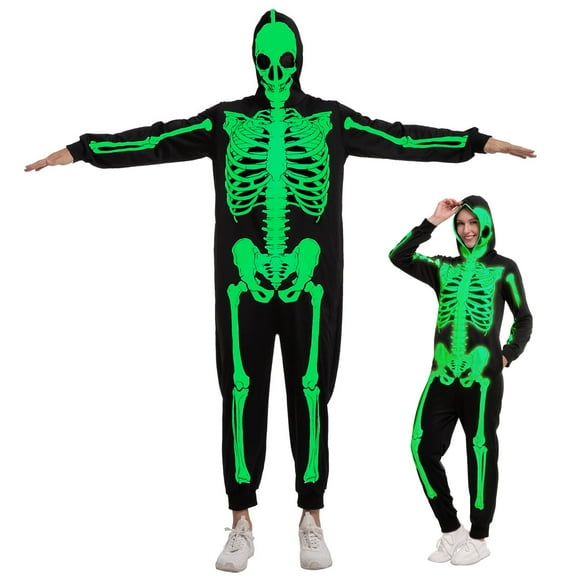 Joyfy Women's Adult Skeleton Costume, Glow-in-the-Dark Zippered Hoodie Skeleton Costume, Suitable for Halloween Dress-up Party