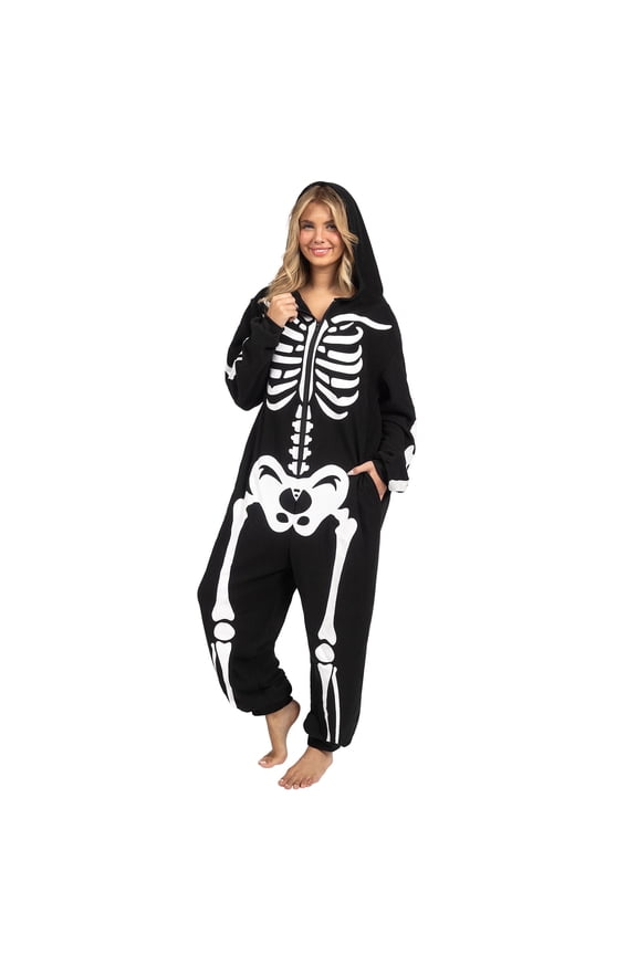 Adult Skeleton Costume for Women, Hooded Zipper Pajama Jumpsuit with Bones Print for Halloween Cosplay Party Themed Dress Up and Role Play