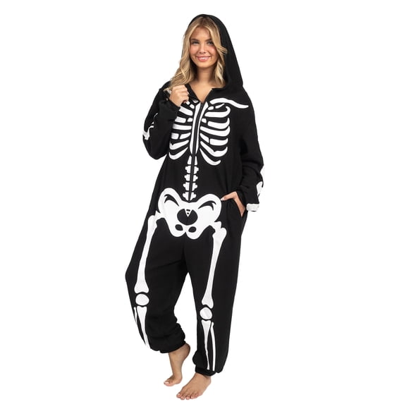 Joyfy Adult Skeleton Costume Women's Skeleton Bodysuit Pajamas Zipper Hooded Bodysuit Halloween Cosplay Costume Pajamas Home Clothes Black