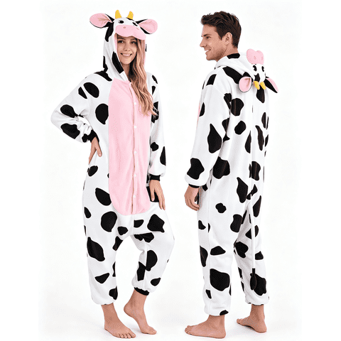 Adult Unisex Cow Costume,Plush Hooded Animal Jumpsuit Pajama for Halloween Party Cosplay and Themed Dress Up