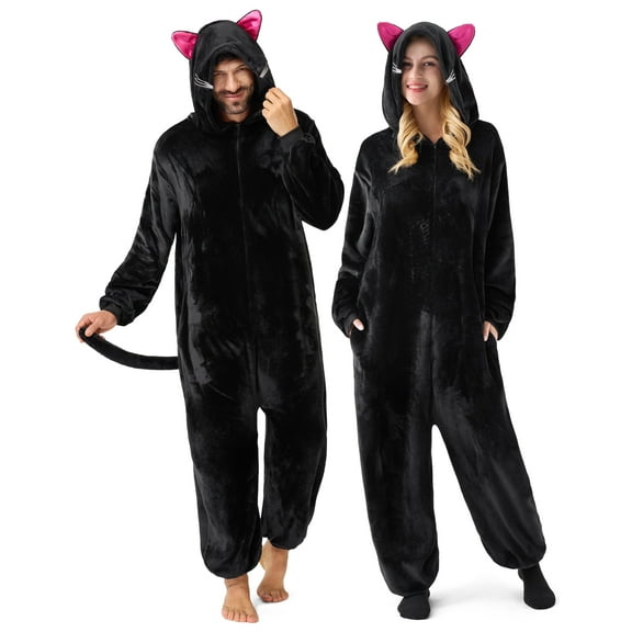 Joyfy Adult Unisex Pajamas, Black Cat Zipper Hooded Pajamas, Black Cat Hooded Jumpsuit for Halloween Cosplay Costumes