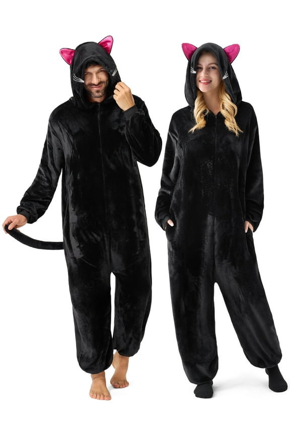 Adult Unisex Pajamas, Black Cat Zipper Hooded Pajamas, Black Cat Hooded Jumpsuit for Halloween Cosplay Costumes