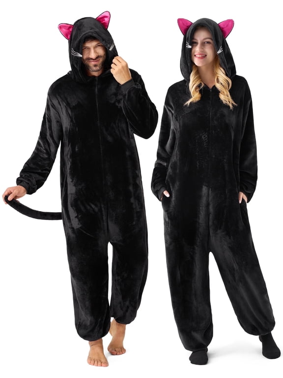 Adult Unisex Black Cat Costume Pajama,Hooded Zippered Animal Jumpsuit for Halloween Party Cosplay and Role Play