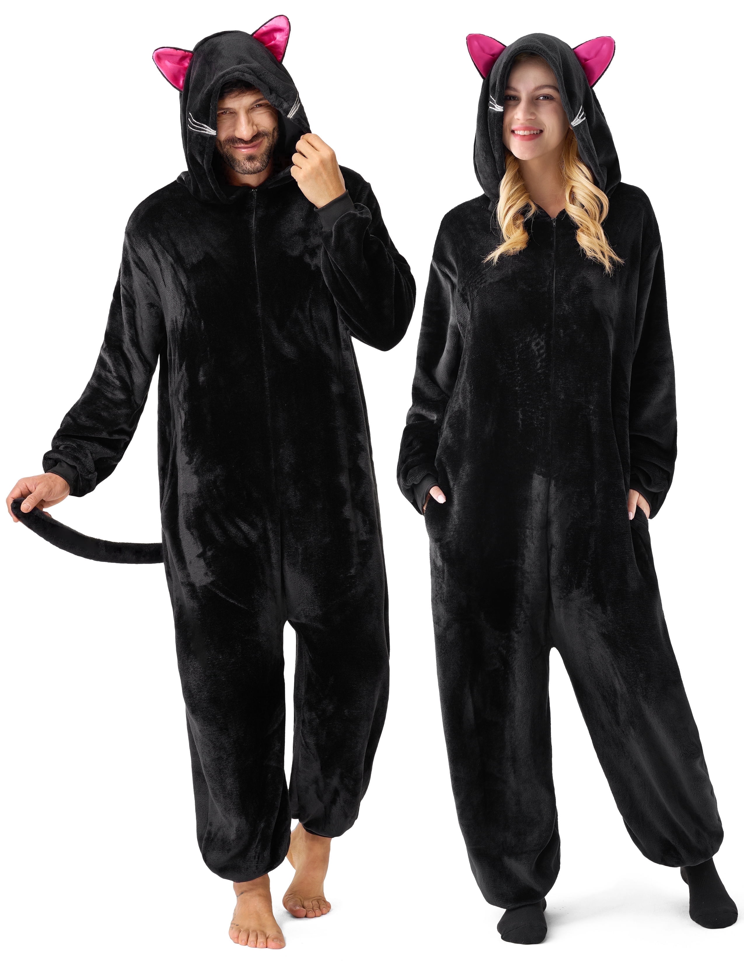Joyfy Adult Unisex Black Cat Zipper Hooded Pajamas for Halloween