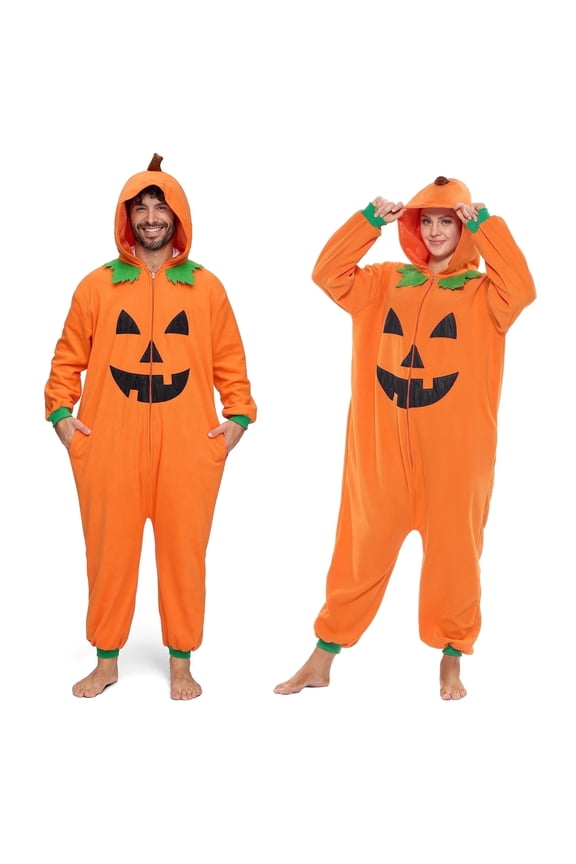 Unisex Adult Pumpkin Pajama Costume, Hooded Zippered Jumpsuit Bodysuit for Halloween Party and Role Play