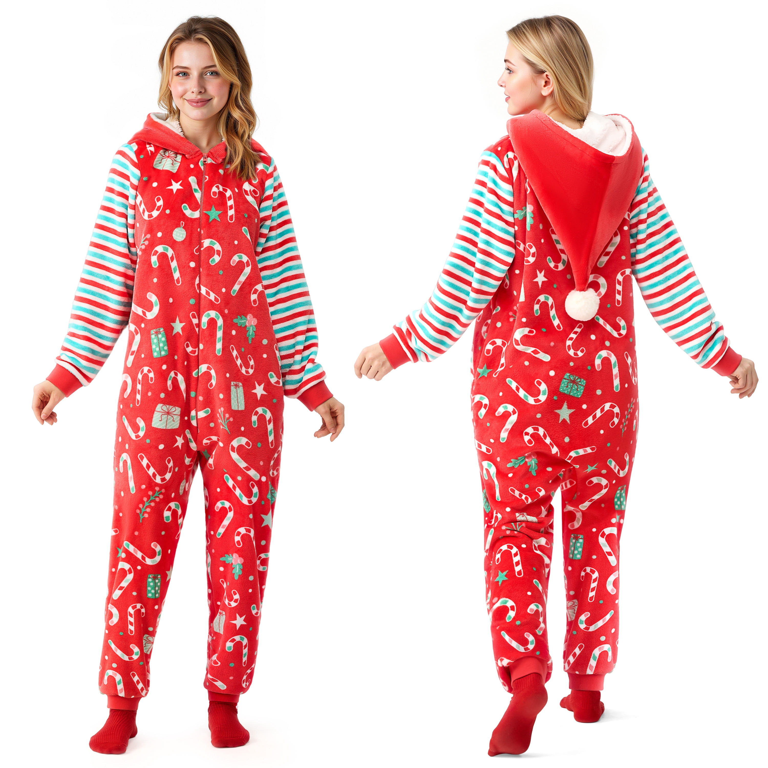 Joyfy Christmas Pajamas for Women, Adult Womens Christmas Pajamas Set, Fleece Santa Claus Print Hoody Jumpsuit, Holiday Xmas Union Suit (S, Red)