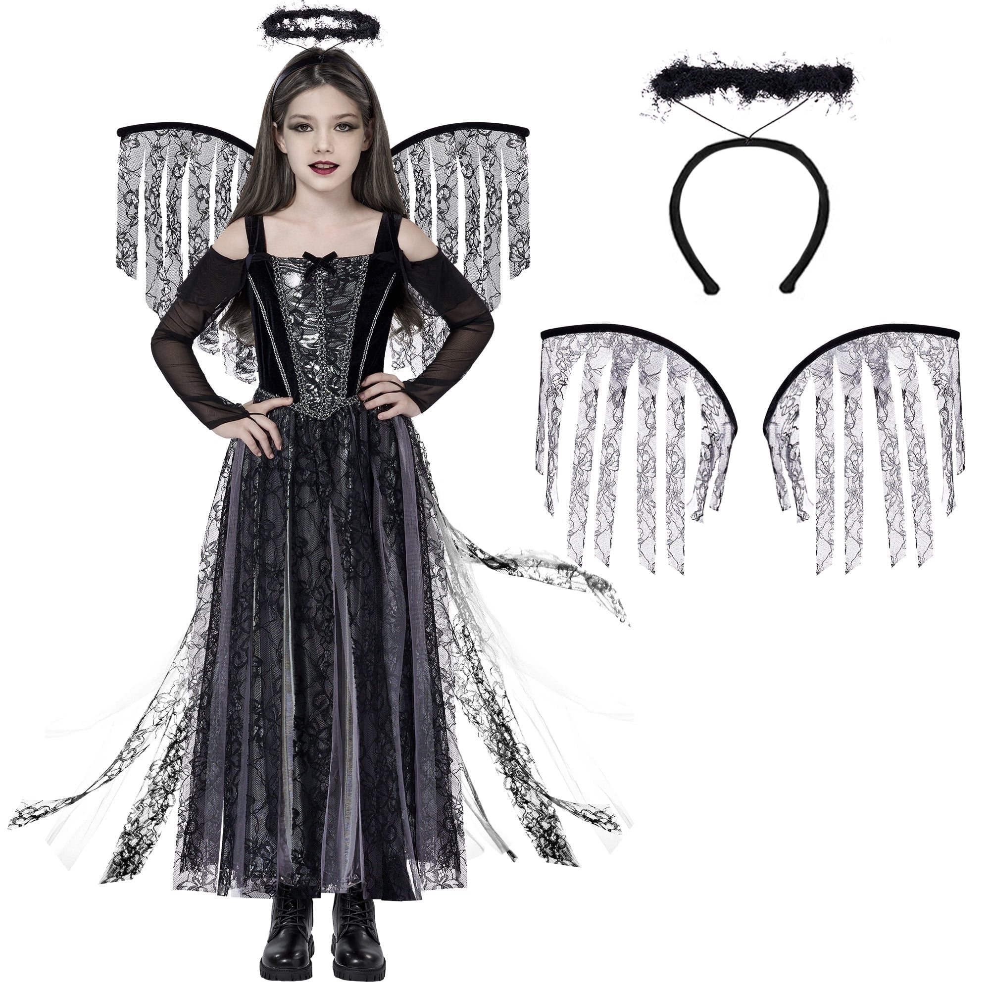 Treaturself Angel wings dress ブラック Joyfy Angel Costume for Kids, Angel Black Dress With Wing Headband