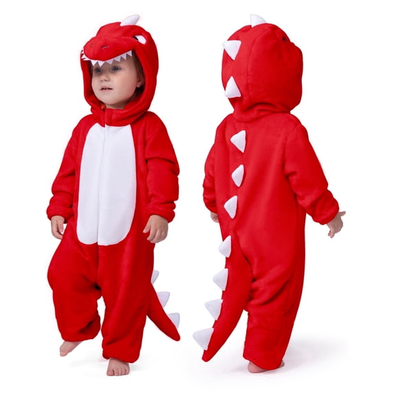 Joyfy Baby Dinosaur Costume for Toddler, Red Hooded Zipper Pajama Jumpsuit for Halloween Dress Up,Ages 3-4