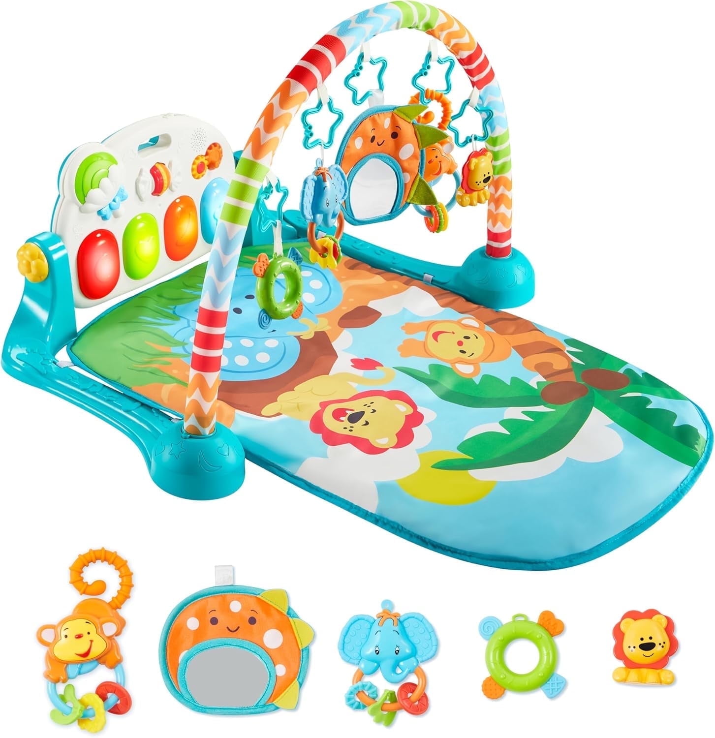 Joyfy Baby Play Mat for Infant with Music and Mirror, Adorable Animal-Themed Play Gym with Piano Panel, Gifts for Newborn Baby 0-3 6 9 12 Months