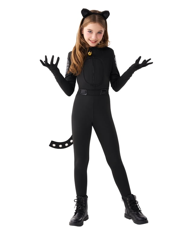 Black Cat Costume for Girls, Kids Cat Outfit Set with Tail, Child Black Cat Halloween Costume for Cosplay Party