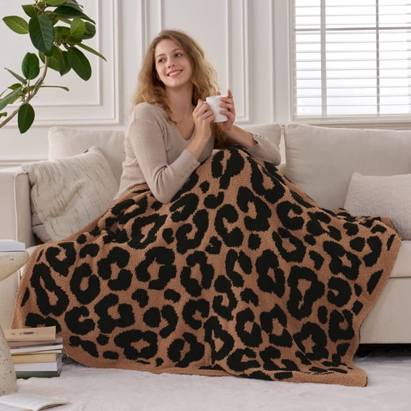 Joyfy Camel Leopard Knitted Throw Blanket 50x60 Inches, Cozy Soft Throw for Couch, Bed, Sofa - Cute Aesthetic Room Decor and Gift for Women, Mom, Girls, Mothers Birthday