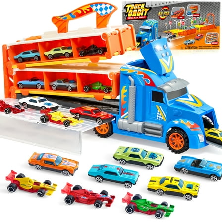 Joyfy Semi Carrier Truck with Lights & Sounds for Kids, 12 Die-Cast Metal Toy Play Vehicle with 60" Extra Long Race Track, Great Christmas  Birthday Gift for Boy 2 3 4 5 6 7