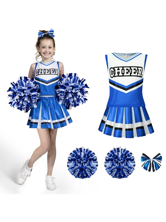 Cheerleader Costume for Girls, Halloween Cute Cheer Uniform Outfit with Accessories for Kids Halloween High School Cheerleader Dress Up Costumes
