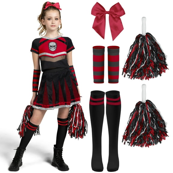 Joyfy Cheerleader Costume for Girls, Bad Spirit Costume for Kids, Skull Scary Outfit with Accessories for Halloween Party Cosplay