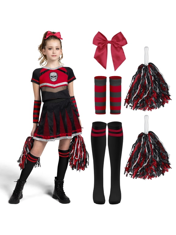 Cheerleader Costume for Girls, Bad Spirit Costume for Kids, Skull Scary Outfit with Accessories for Halloween Party Cosplay